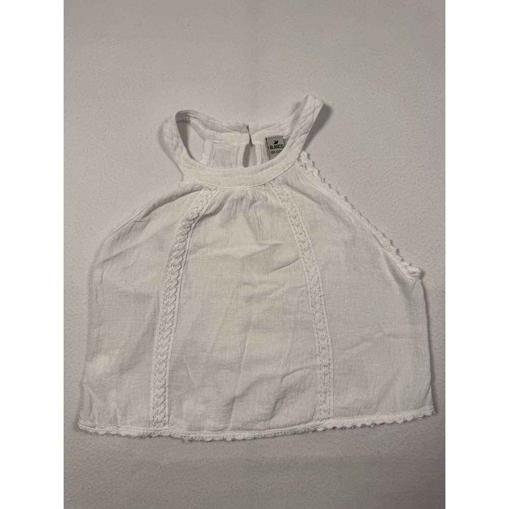 Boho Cottagecore Blanco Womens Medium Halter Top White Cotton Crochet Lace Trim